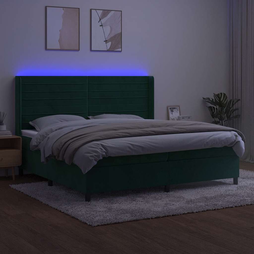 kontinentalseng med LED-lys 200x200 cm fløjl mørkegrøn