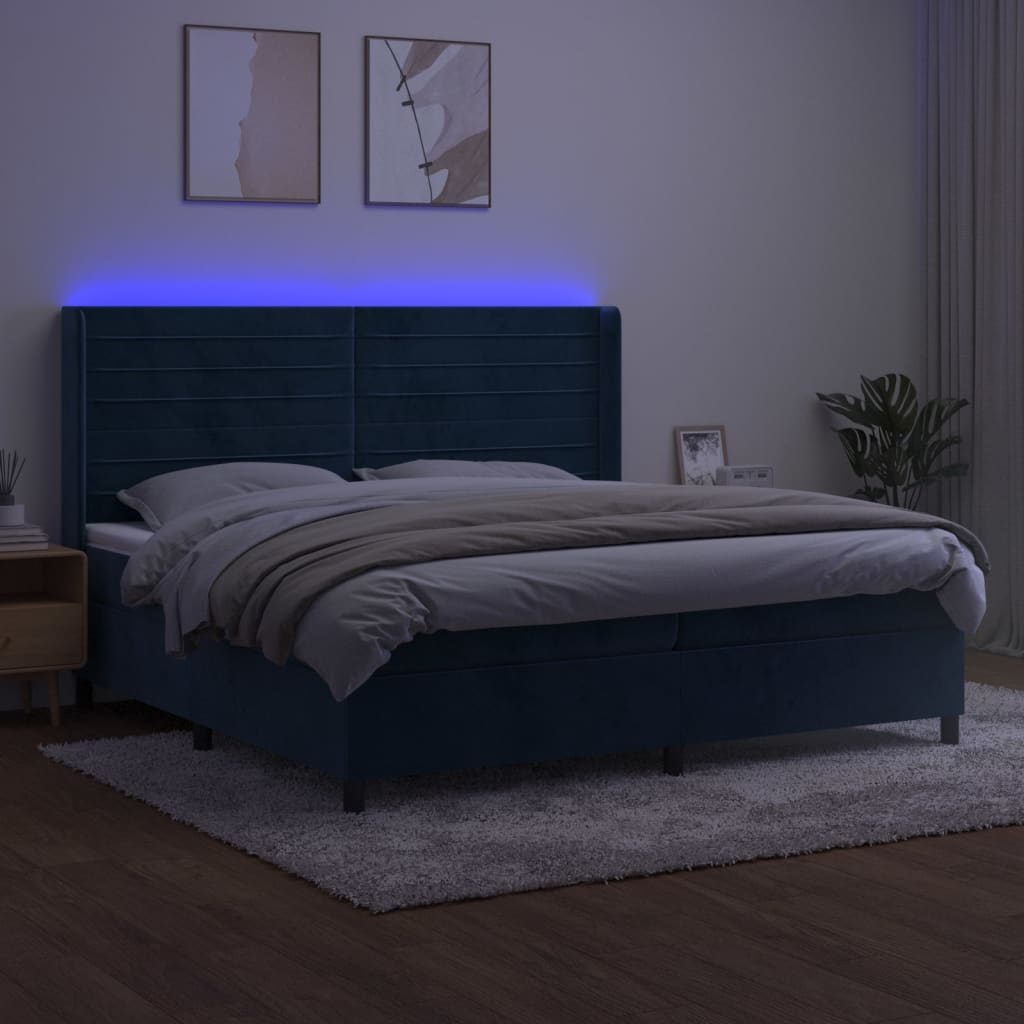 kontinentalseng med LED-lys 200x200 cm fløjl mørkeblå