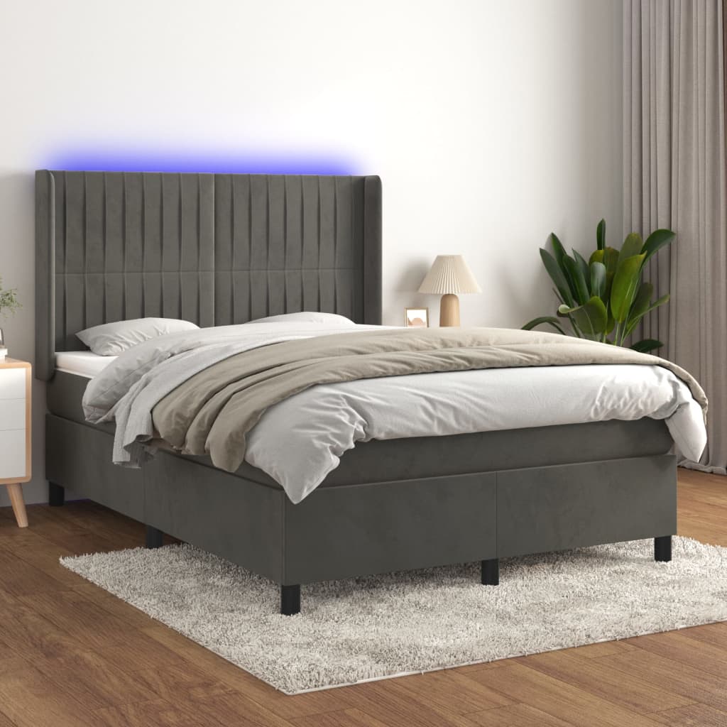 kontinentalseng med LED-lys 140x190 cm fløjl mørkegrå