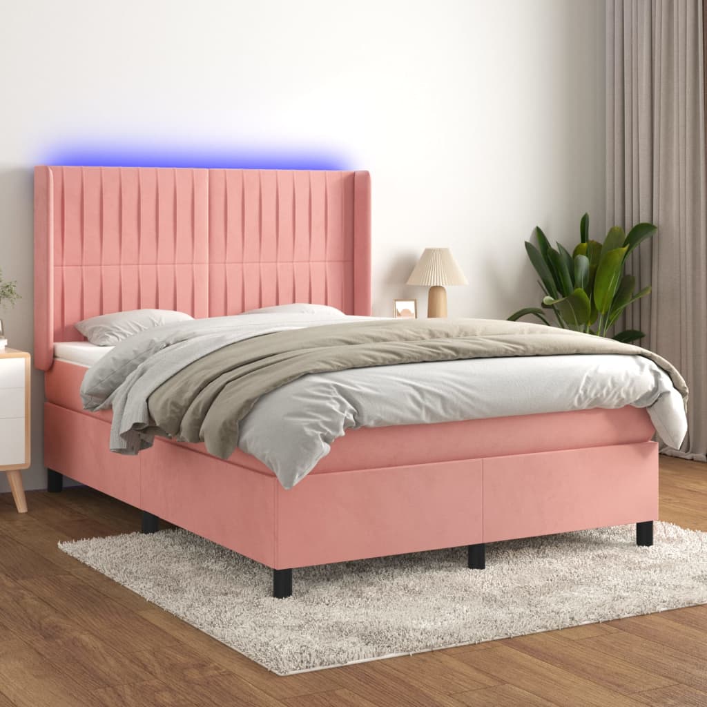 kontinentalseng med LED-lys 140x190 cm fløjl lyserød