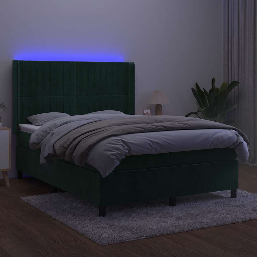kontinentalseng med LED-lys 140x200 cm fløjl mørkegrøn