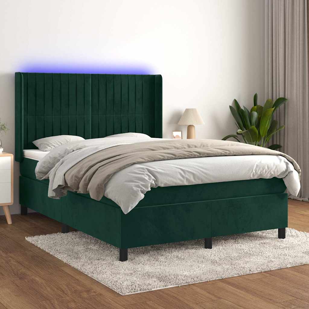 kontinentalseng med LED-lys 140x200 cm fløjl mørkegrøn