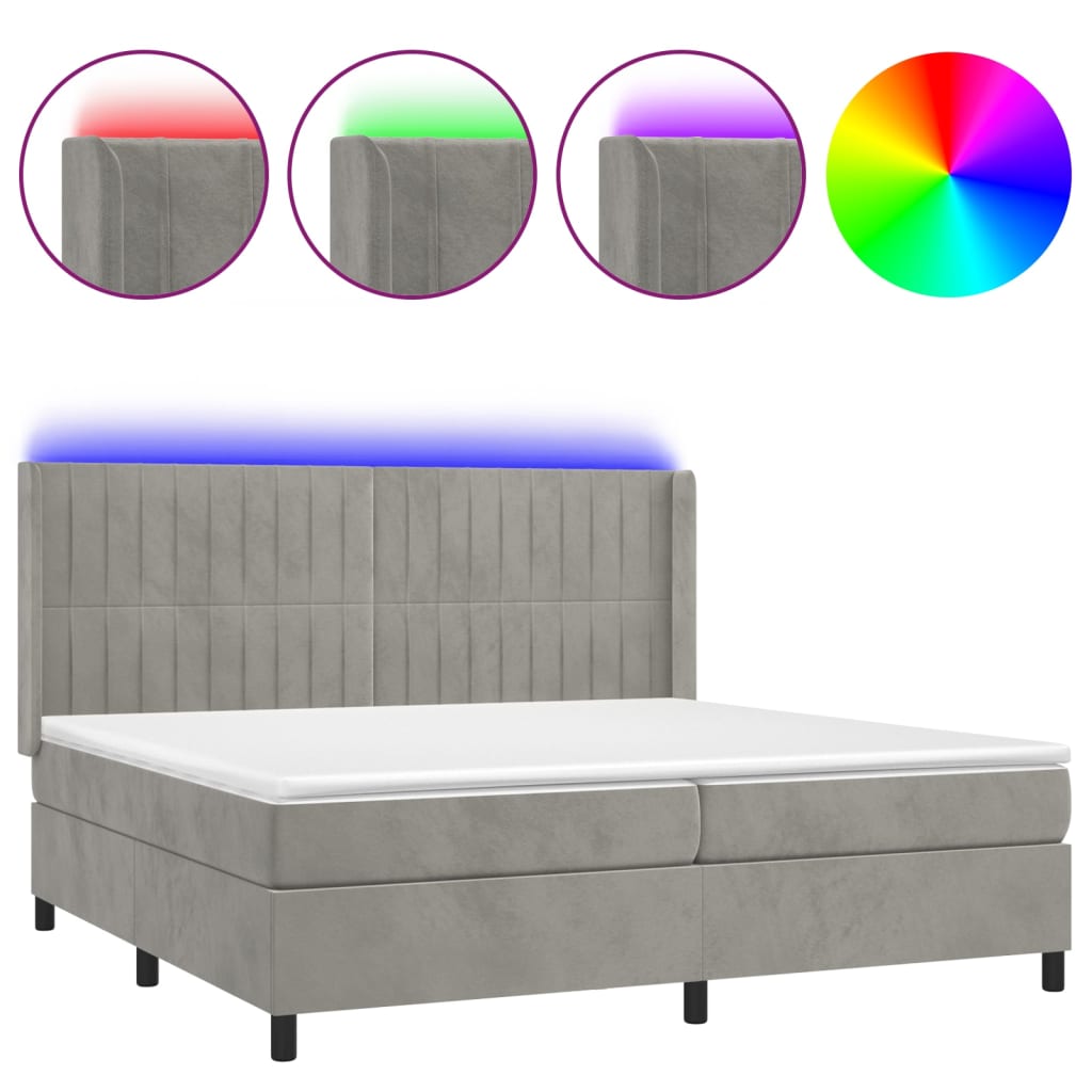 kontinentalseng med LED-lys 200x200 cm fløjl lysegrå
