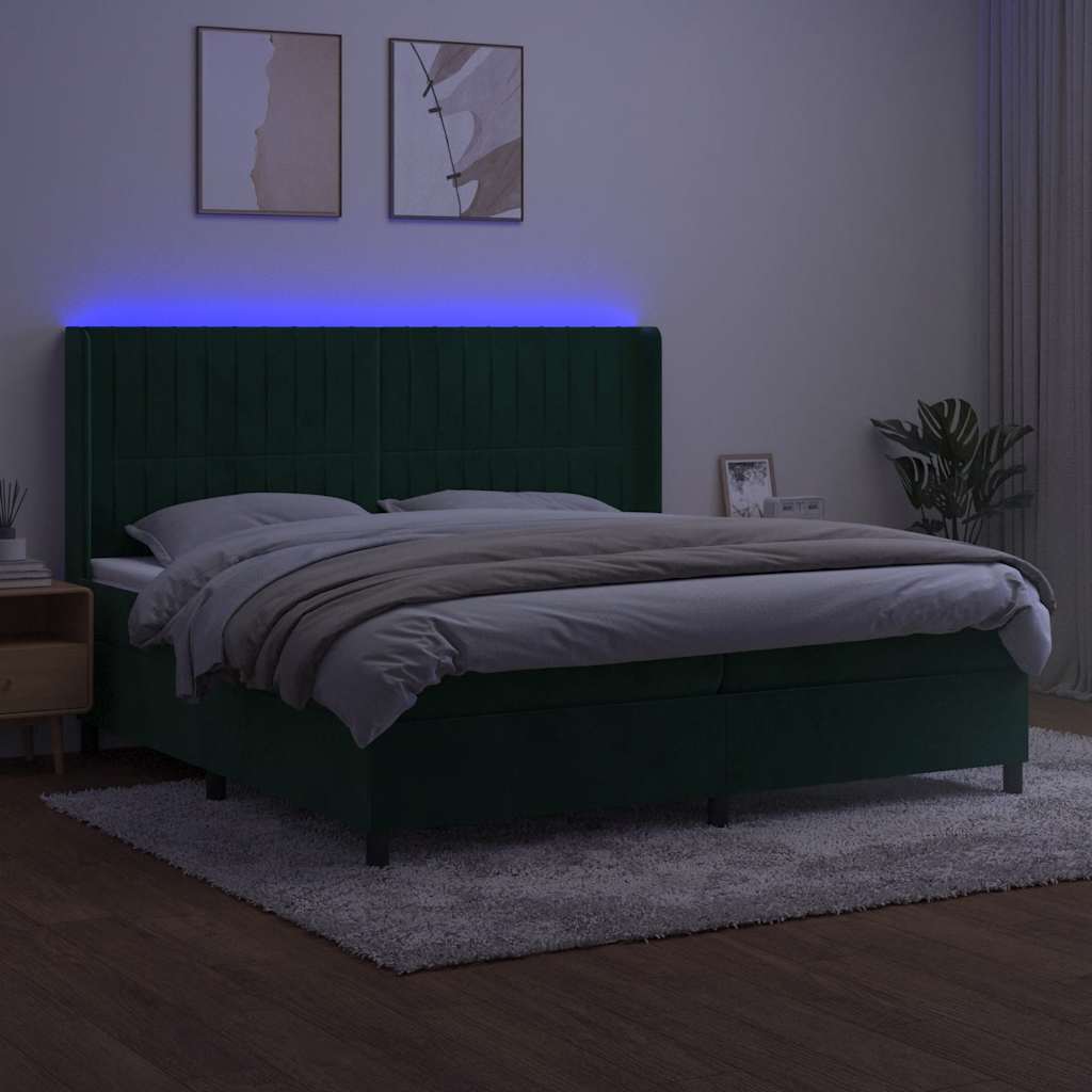 kontinentalseng med LED-lys 200x200 cm fløjl mørkegrøn