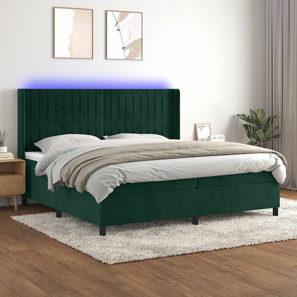 kontinentalseng med LED-lys 200x200 cm fløjl mørkegrøn
