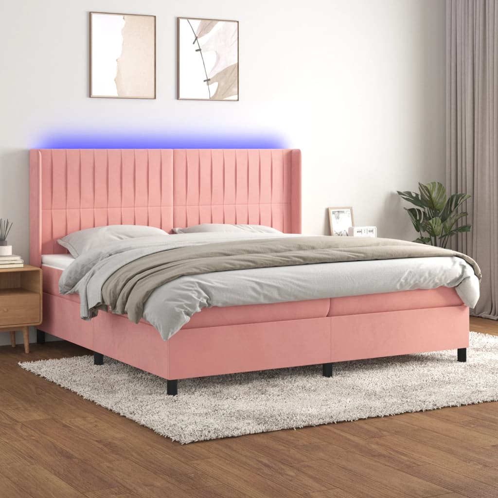 kontinentalseng med LED-lys 200x200 cm fløjl lyserød