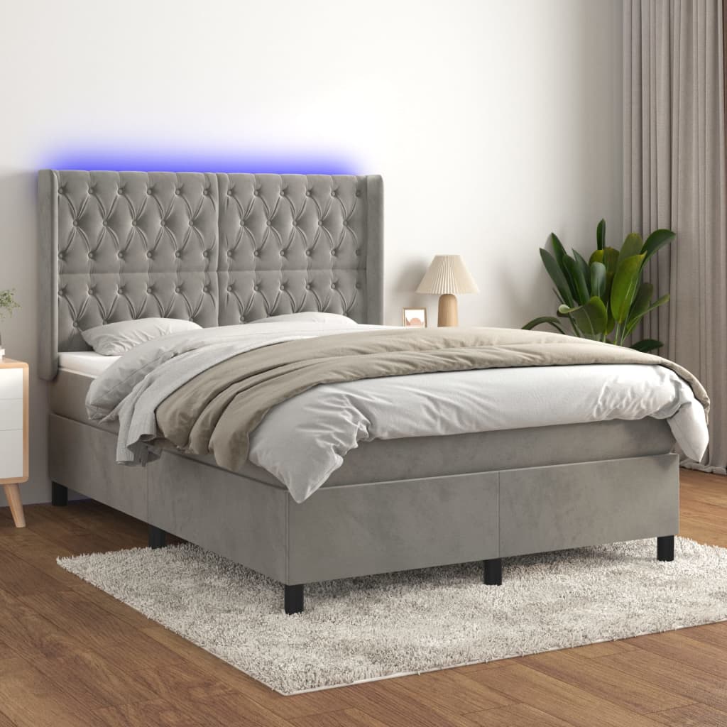 kontinentalseng med LED-lys 140x190 cm velour lysegrå