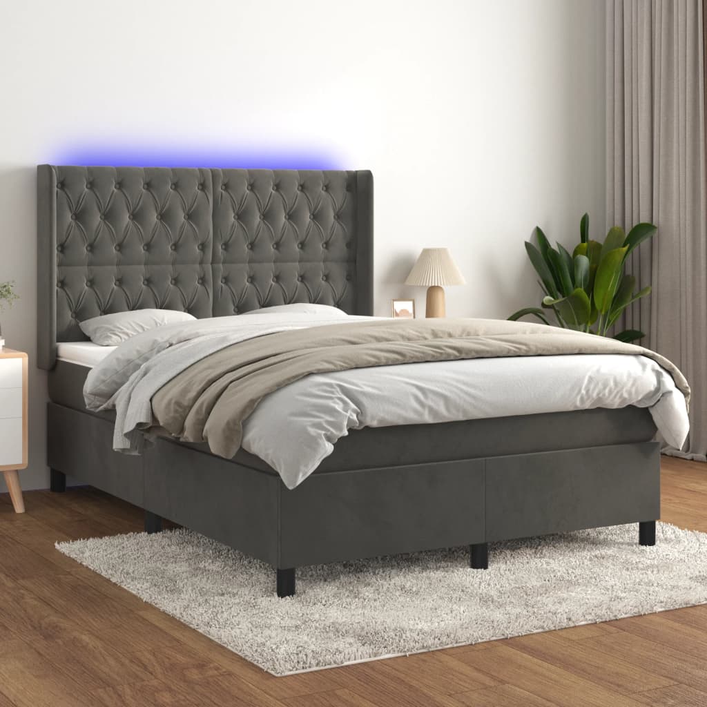 kontinentalseng med LED-lys 140x190 cm fløjl mørkegrå billede