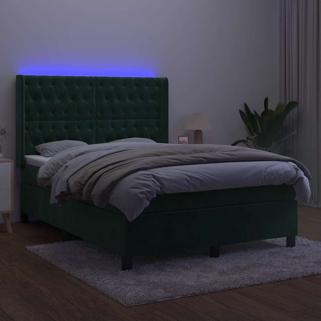 kontinentalseng med LED-lys 140x200 cm fløjl mørkegrøn