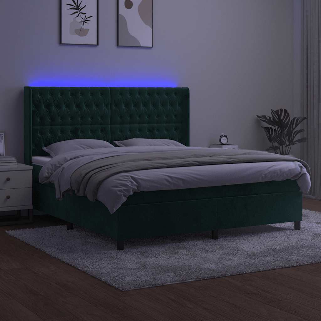 kontinentalseng med LED-lys 160x200 cm fløjl mørkegrøn