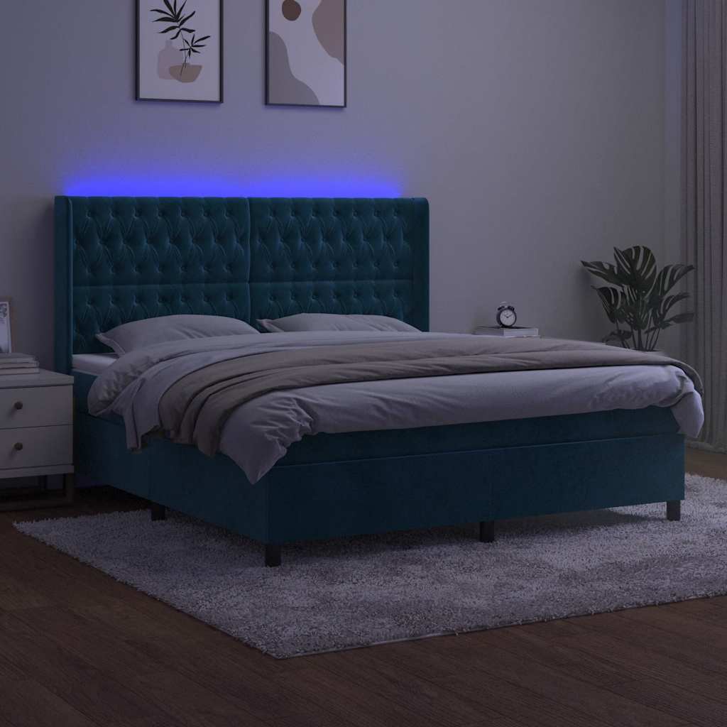 kontinentalseng med LED-lys 160x200 cm fløjl mørkeblå