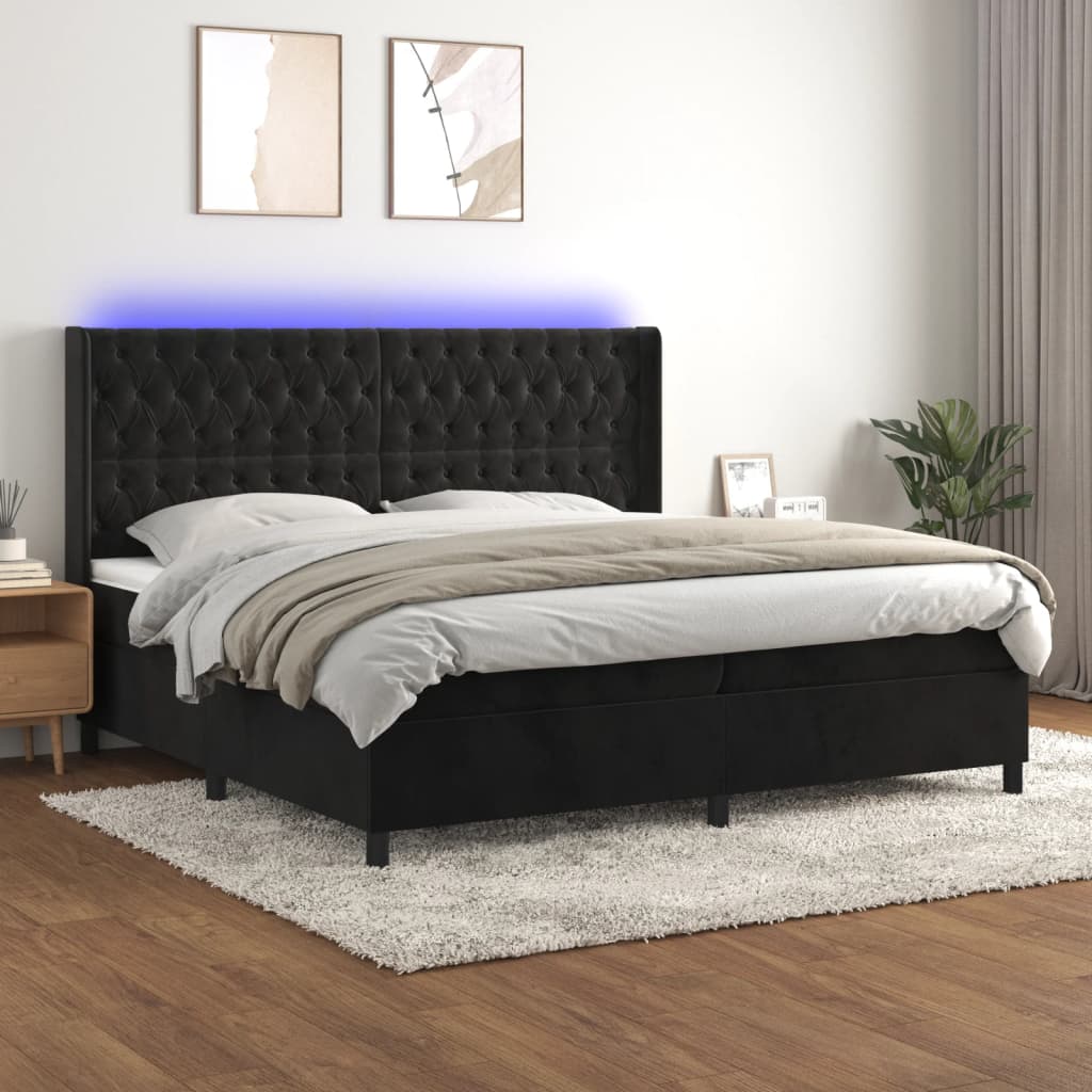 kontinentalseng med LED-lys 200x200 cm fløjl sort