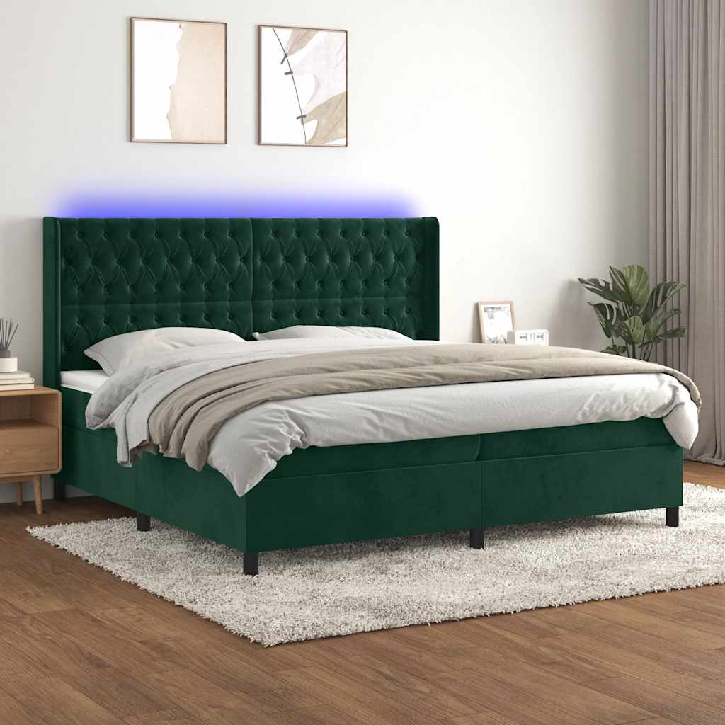 kontinentalseng med LED-lys 200x200 cm fløjl mørkegrøn