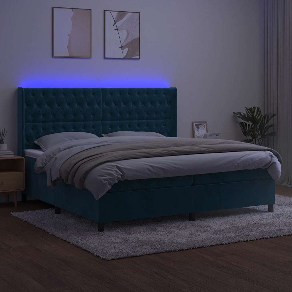 kontinentalseng med LED-lys 200x200 cm fløjl mørkeblå