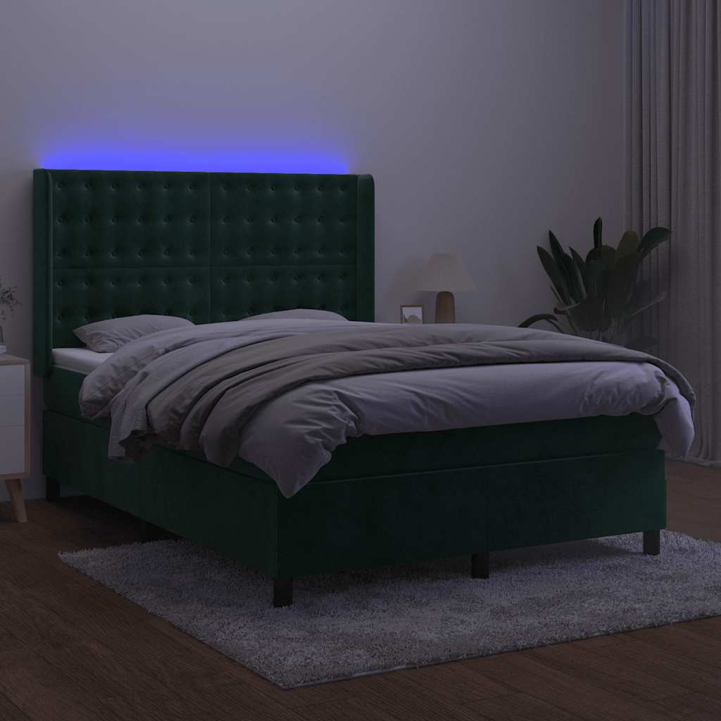 kontinentalseng med LED-lys 140x190 cm fløjl mørkegrøn