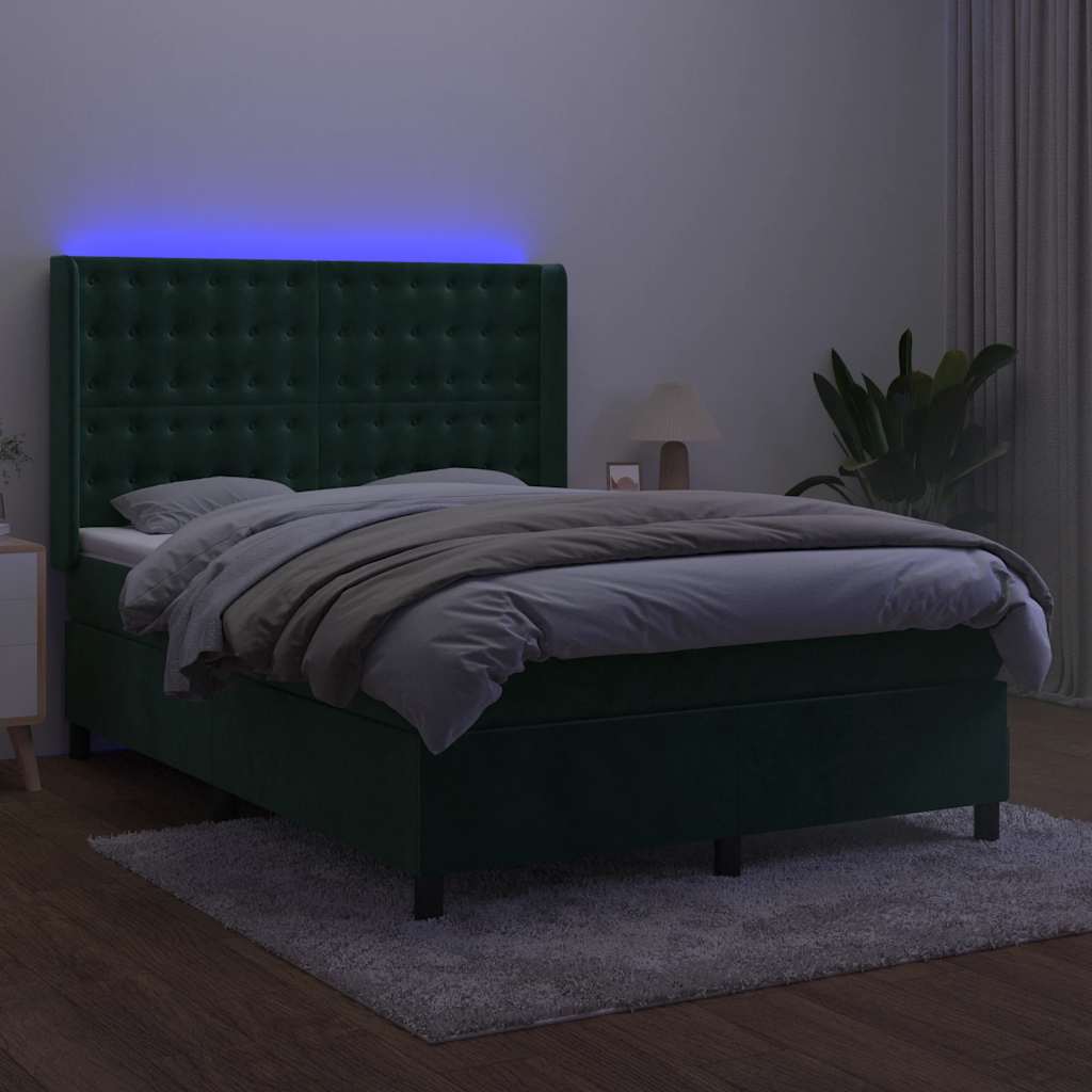 kontinentalseng med LED-lys 140x200 cm fløjl mørkegrøn