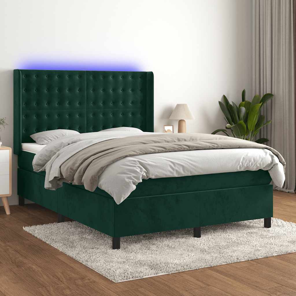 kontinentalseng med LED-lys 140x200 cm fløjl mørkegrøn