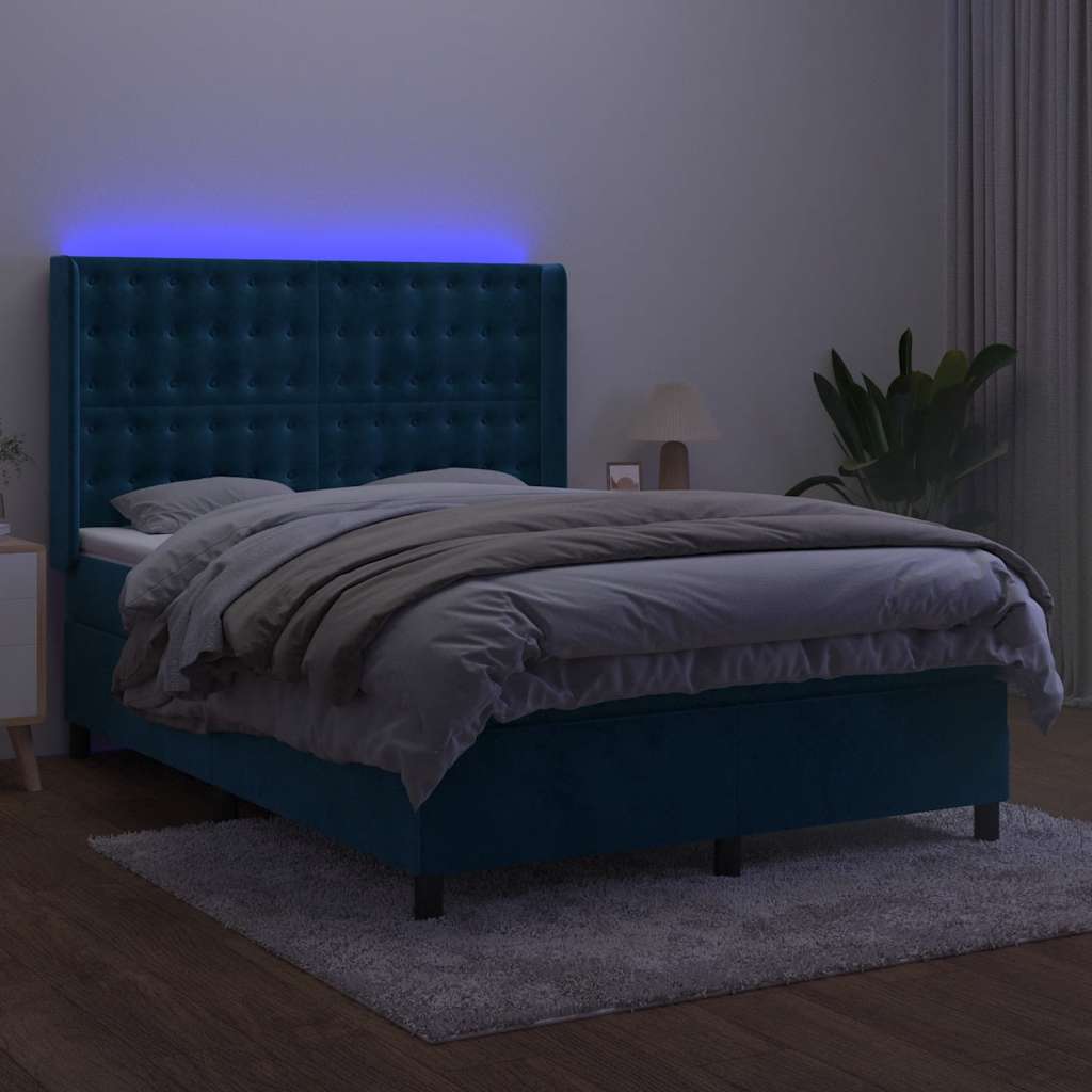 kontinentalseng med LED-lys 140x200 cm fløjl mørkeblå