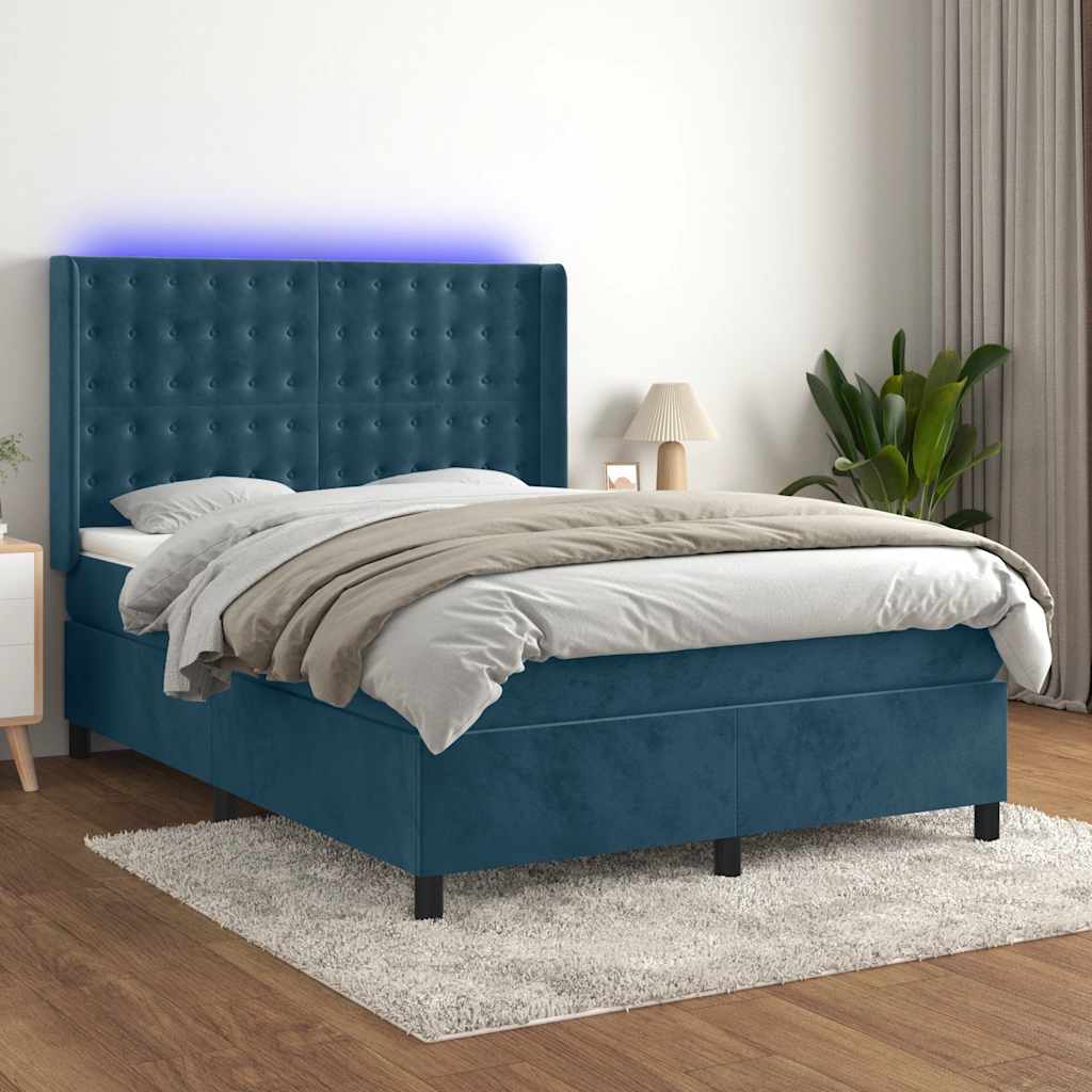 kontinentalseng med LED-lys 140x200 cm fløjl mørkeblå