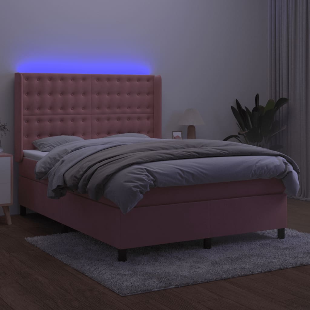kontinentalseng med LED-lys 140x200 cm fløjl lyserød
