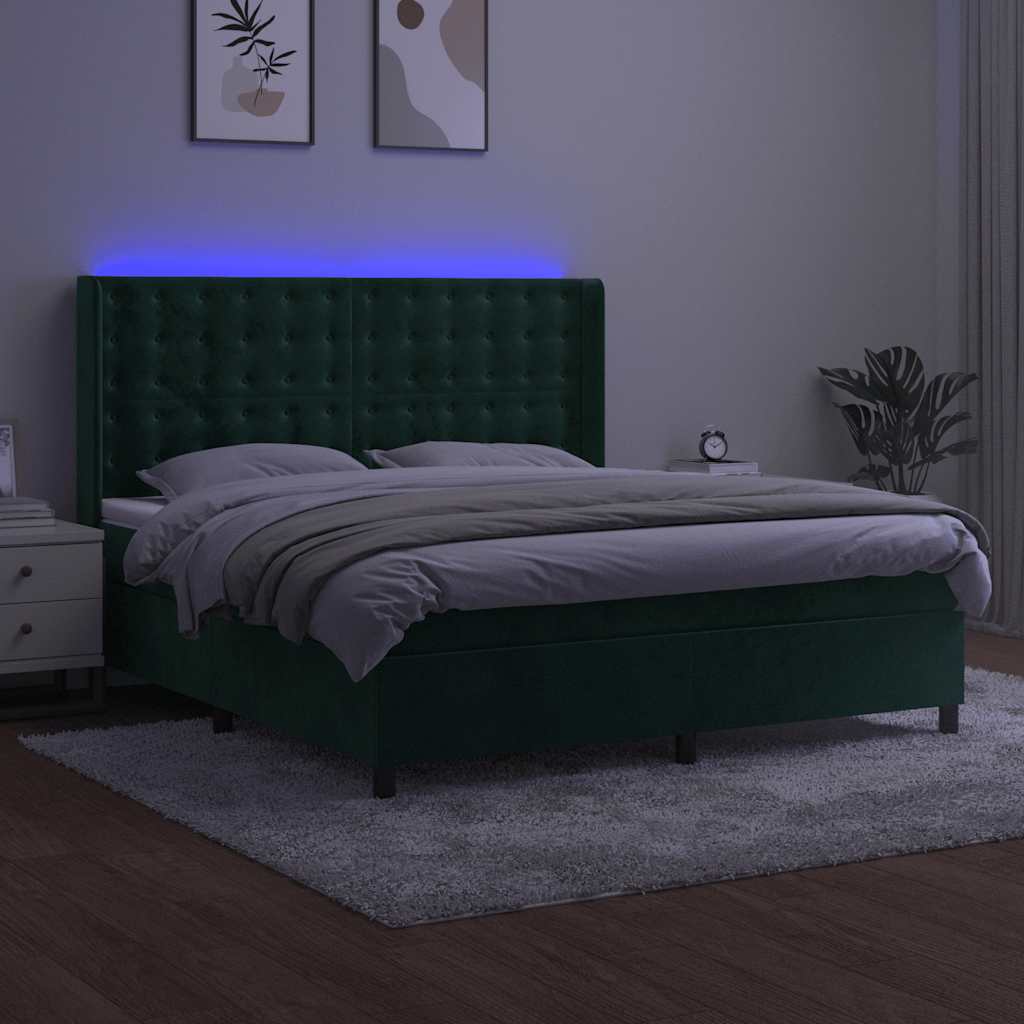 kontinentalseng med LED-lys 160x200 cm fløjl mørkegrøn