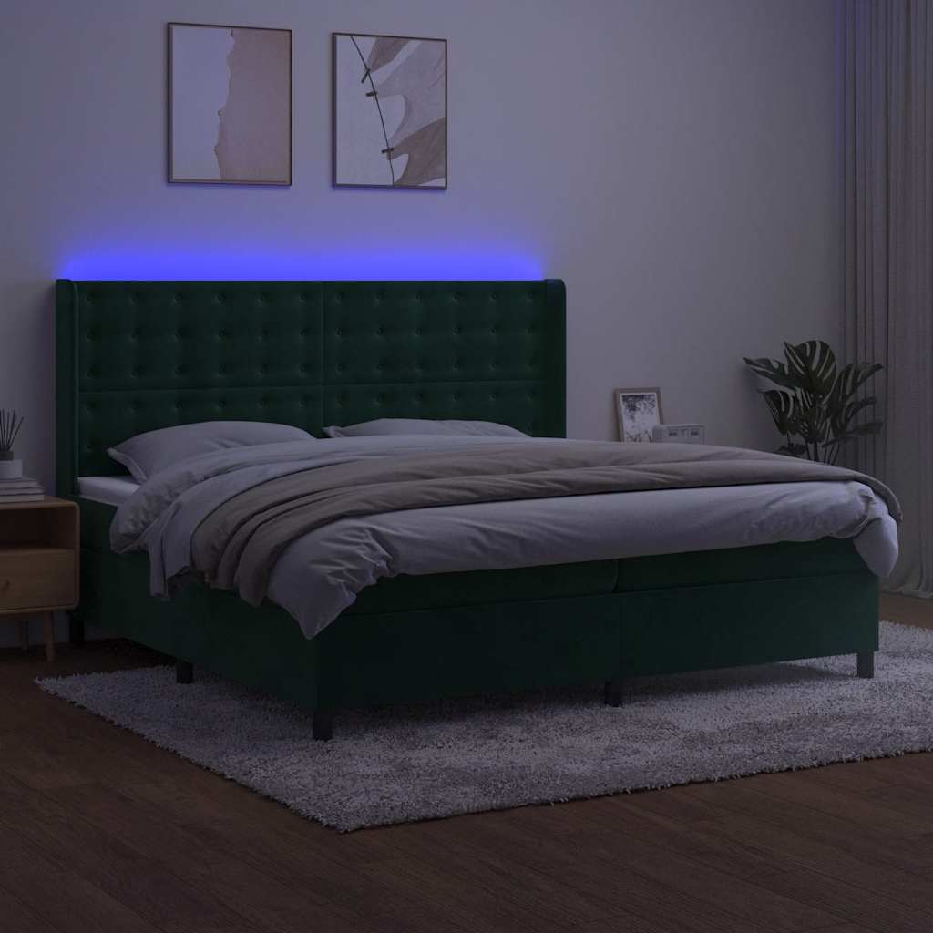 kontinentalseng med LED-lys 200x200 cm fløjl mørkegrøn