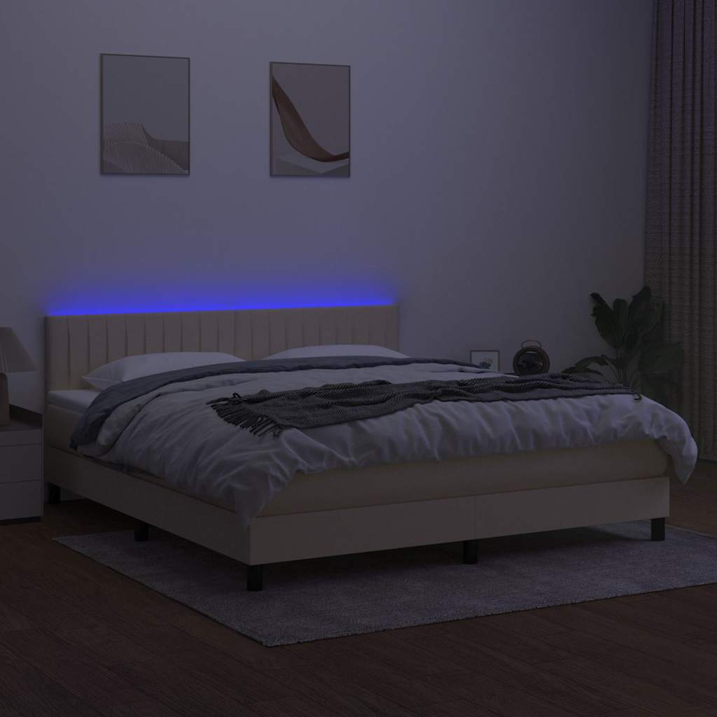 kontinentalseng med LED-lys 180x200 cm stof cremefarvet