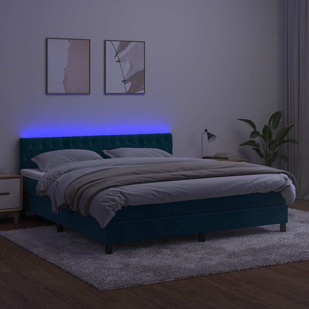 kontinentalseng med madras og LED-lys 180x200 cm fløjl mørkeblå