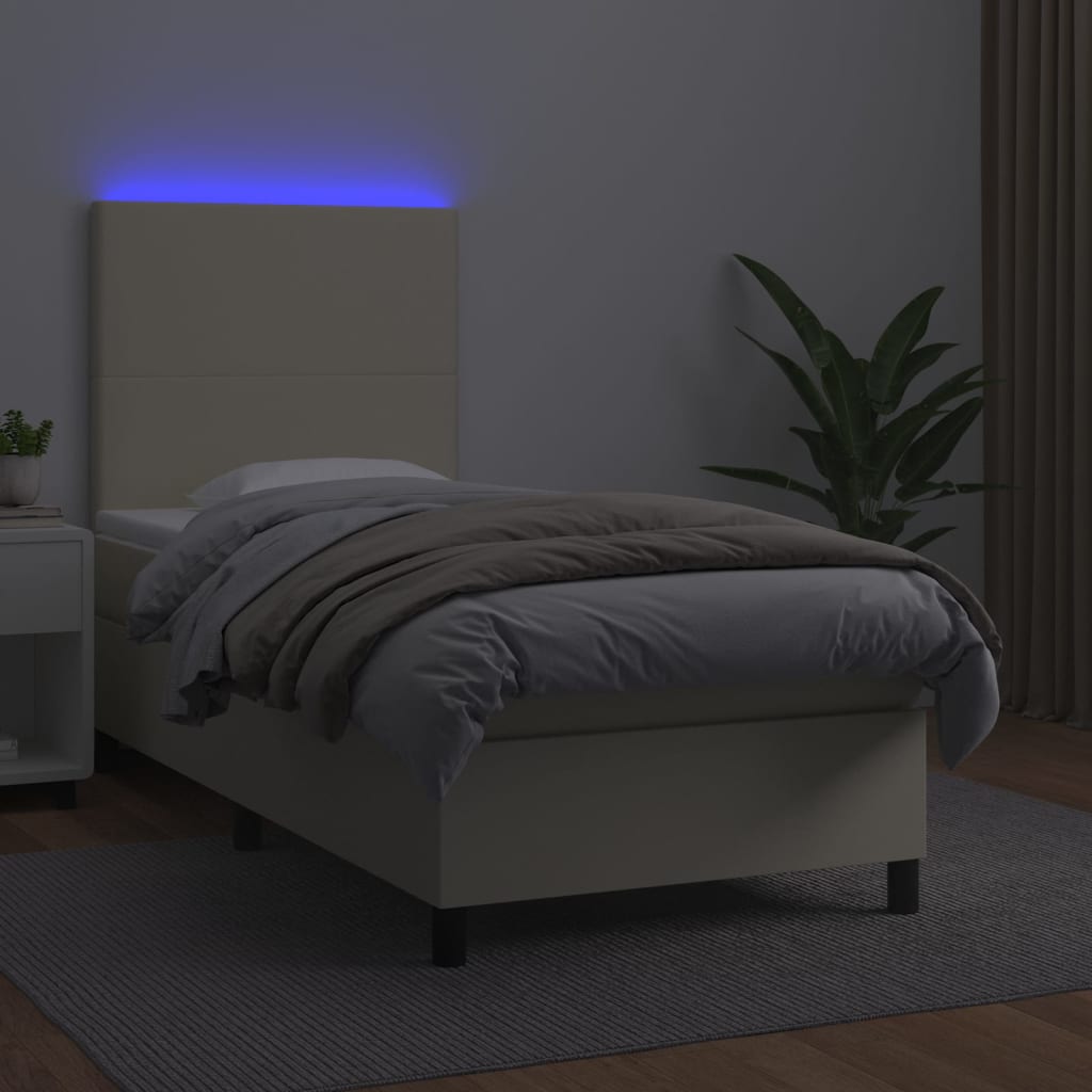 kontinentalseng med LED-lys 100x200 cm kunstlæder cremefarvet