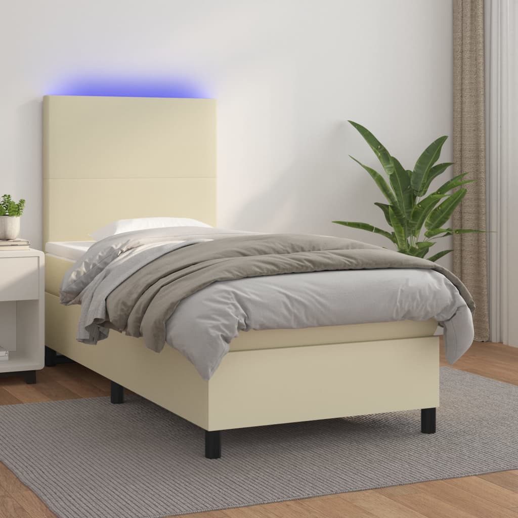 kontinentalseng med LED-lys 100x200 cm kunstlæder cremefarvet