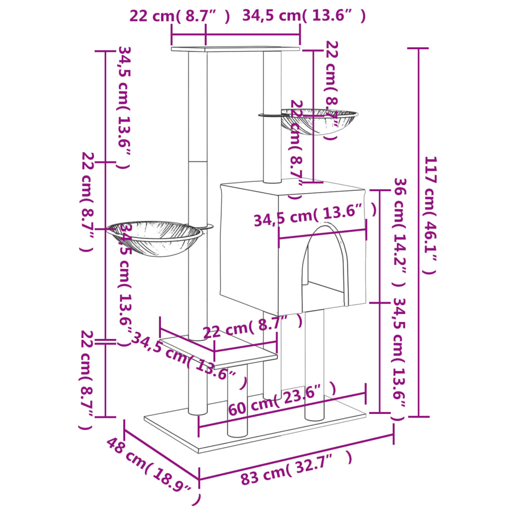 kradsetræ med sisalstolper 117 cm cremefarvet
