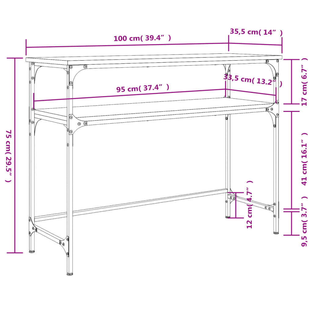 konsolbord 100x35,5x75 cm konstrueret træ brunt egetræ
