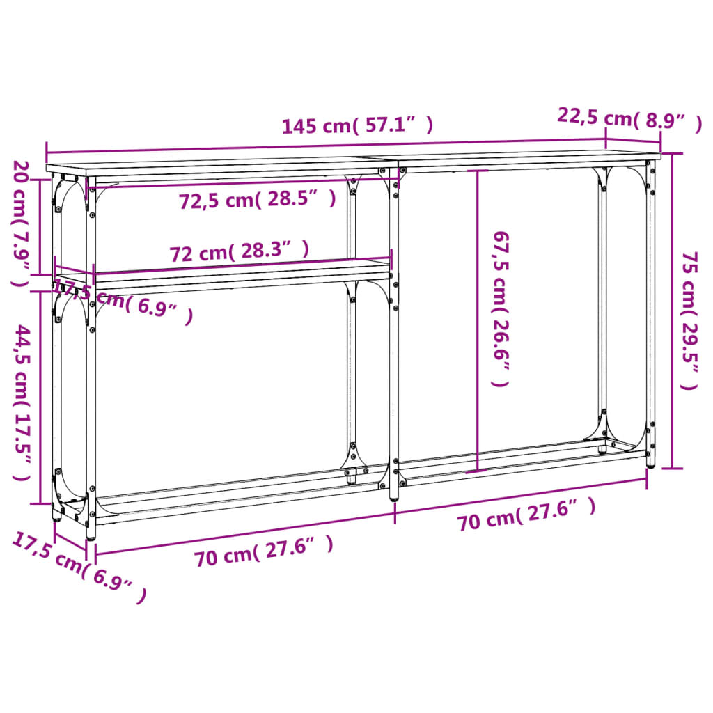 konsolbord 145x22,5x75 cm konstrueret træ brunt egetræ