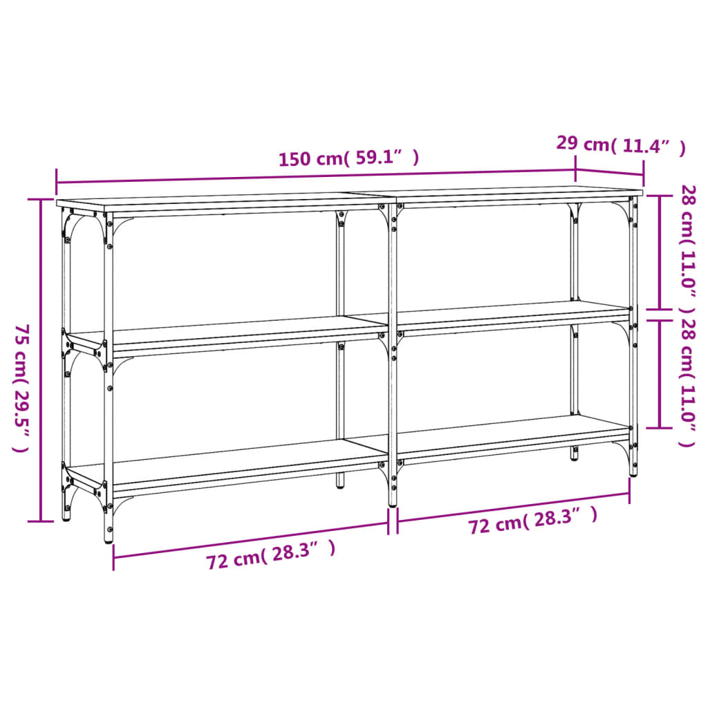 konsolbord 150x29x75 cm konstrueret træ brun egetræ