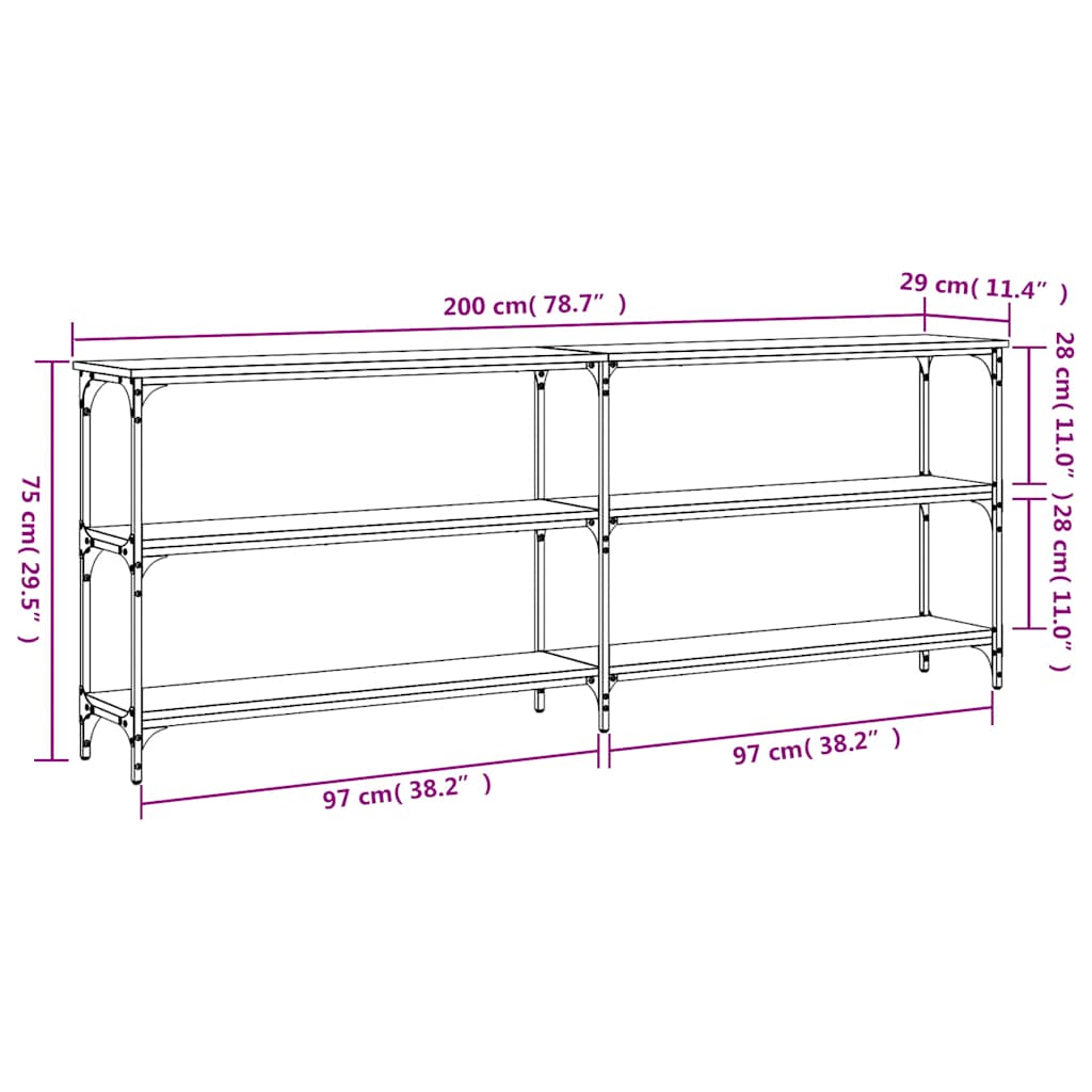 konsolbord 200x29x75 cm konstrueret træ sort