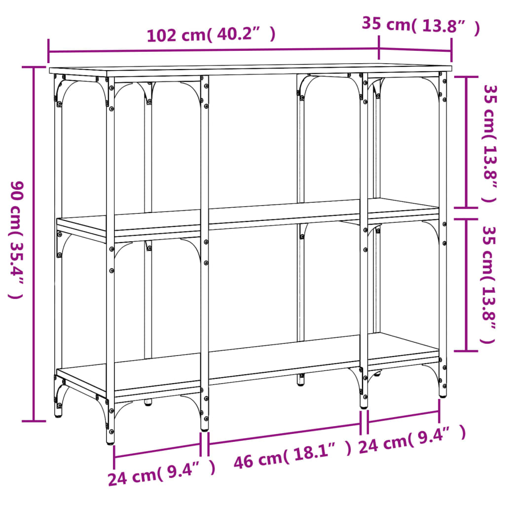 konsolbord 102x35x90 cm konstrueret træ brun egetræsfarve