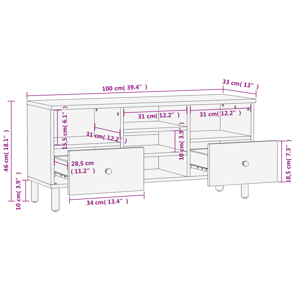 tv-bord 100x33x46 cm massivt mangotræ sort