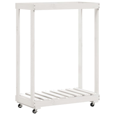 brændestativ med hjul 76,5x40x108 cm massivt fyrretræ hvid