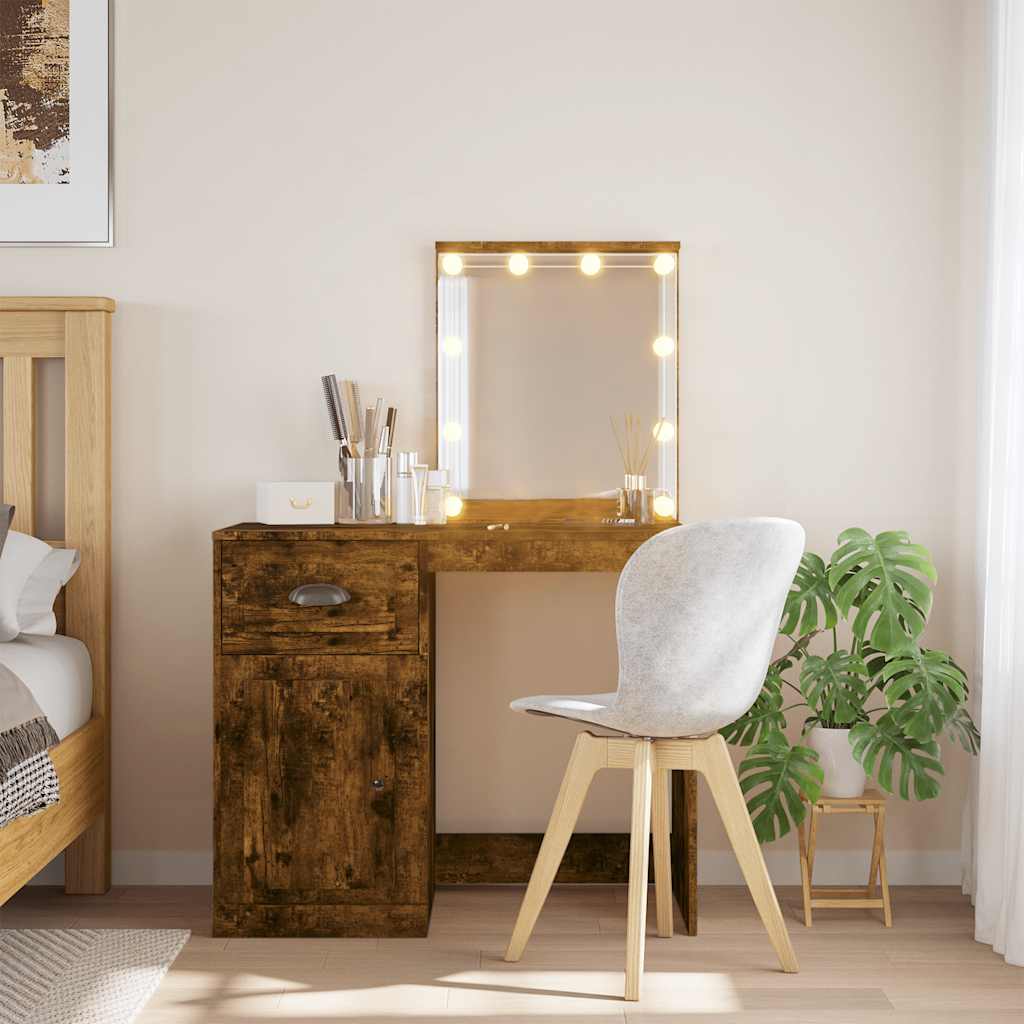 makeupbord med LED-lys 90x42x132,5 cm røget egetræsfarve billede