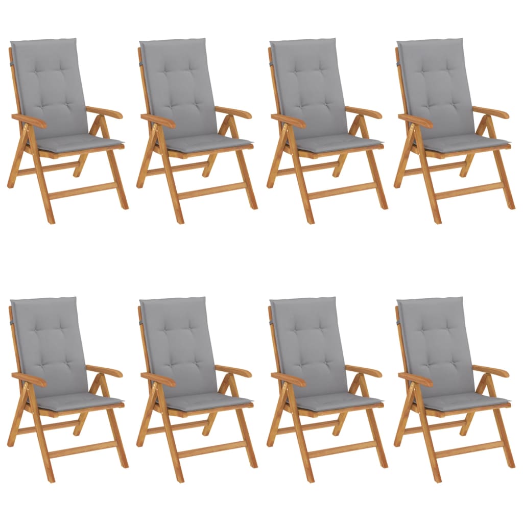 Klapstole med hynder, 8 stk., massivt teaktræ
