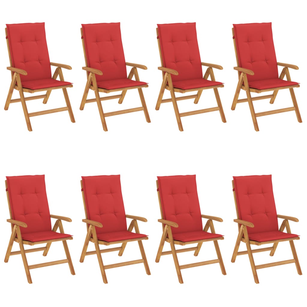 Klapstole med hynder, 8 stk., massivt teaktræ