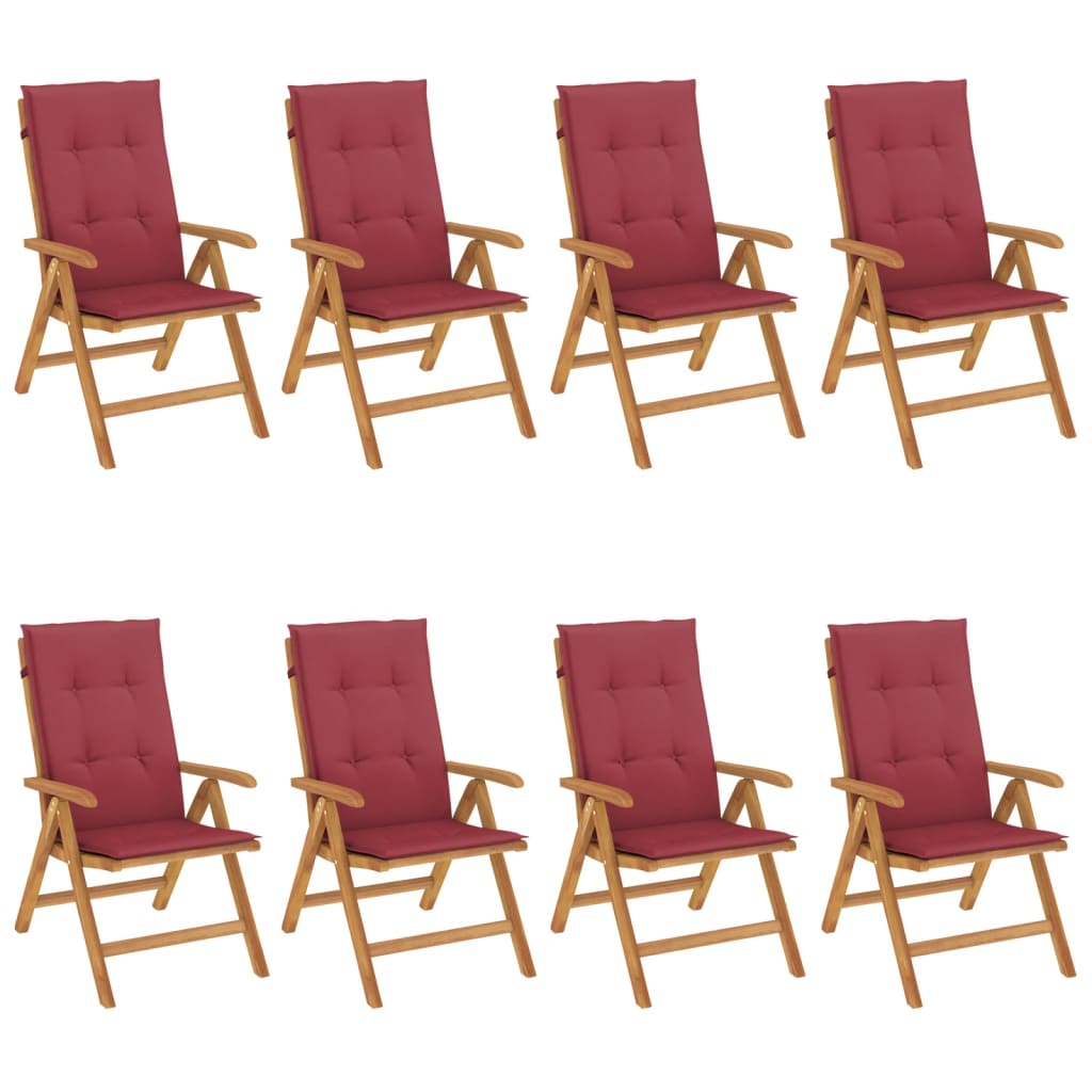 Klapstole med hynder, 8 stk., massivt teaktræ