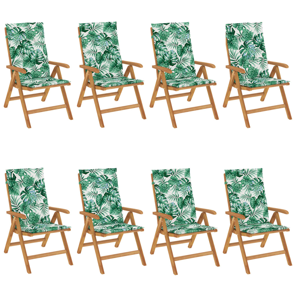 Klapstole med hynder, 8 stk., massivt teaktræ
