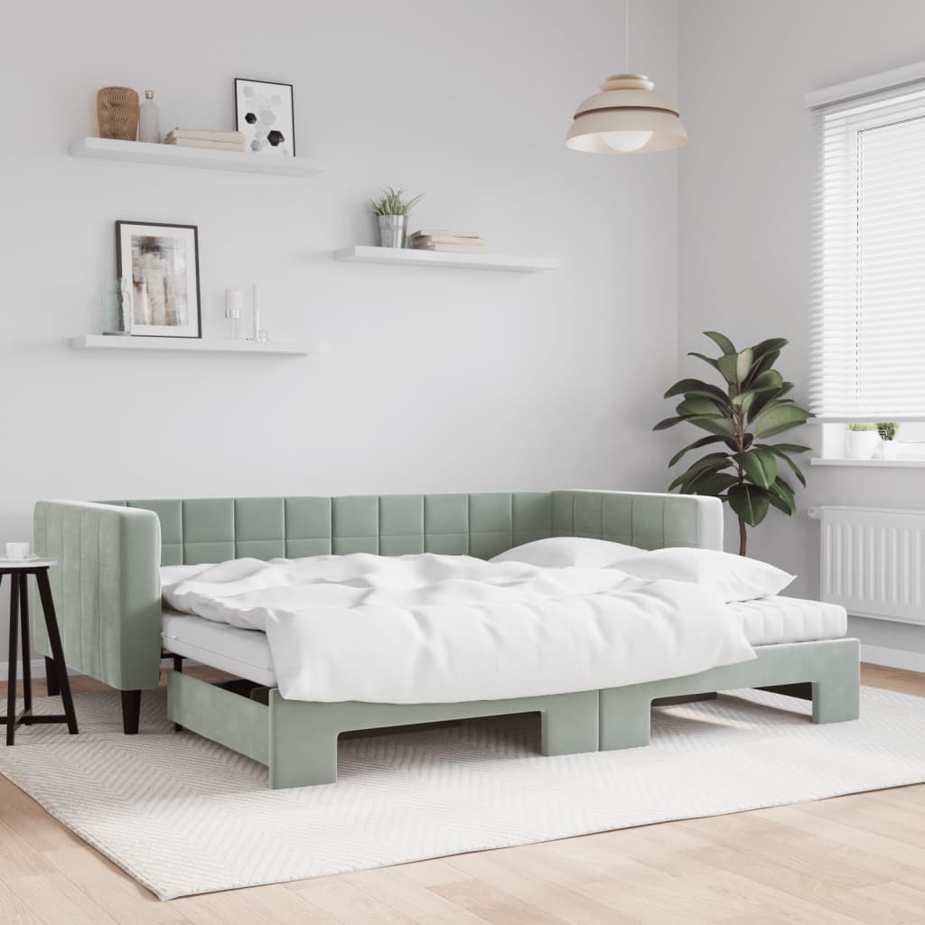 daybed med udtræk og madras 90x200 cm velour lysegrå