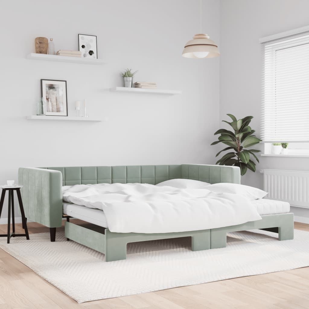 daybed med udtræk og madras 100x200 cm velour lysegrå