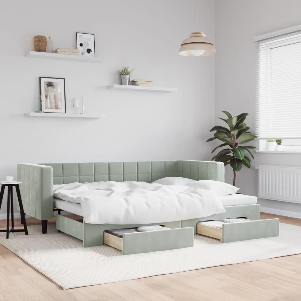 daybed med udtræk og skuffer 80x200 cm velour lysegrå