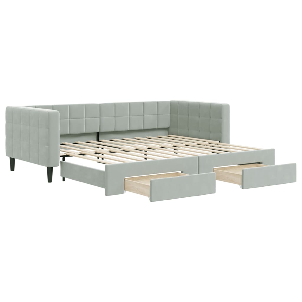 daybed med udtræk og skuffer 90x200 cm velour lysegrå