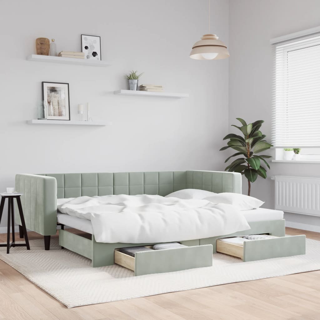 daybed med udtræk og skuffer 90x200 cm velour lysegrå