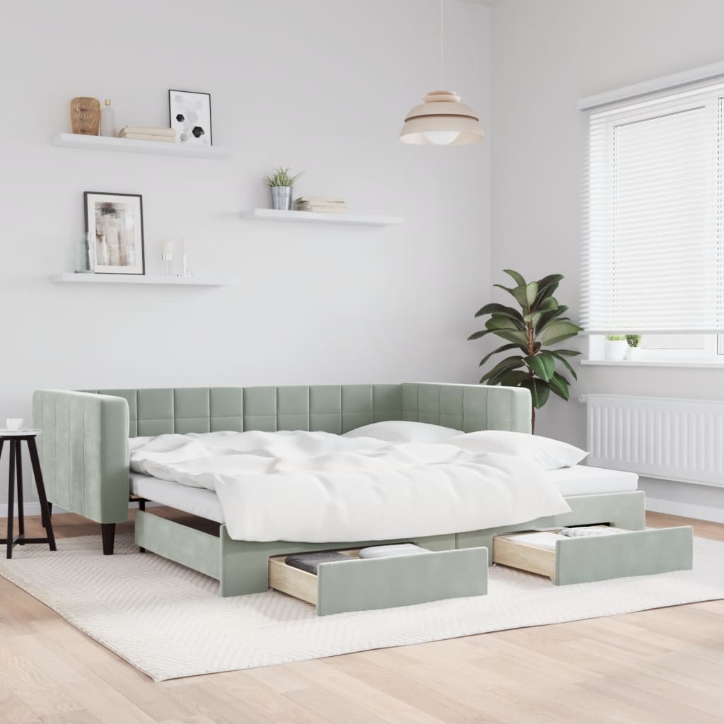 daybed med udtræk og skuffer 100x200 cm velour lysegrå