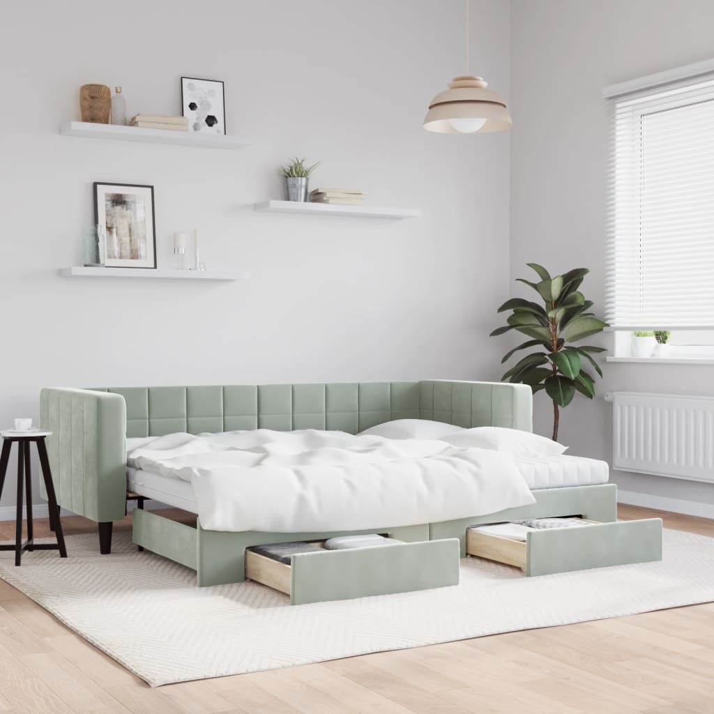 daybed med udtræk og skuffer 80x200 cm velour lysegrå